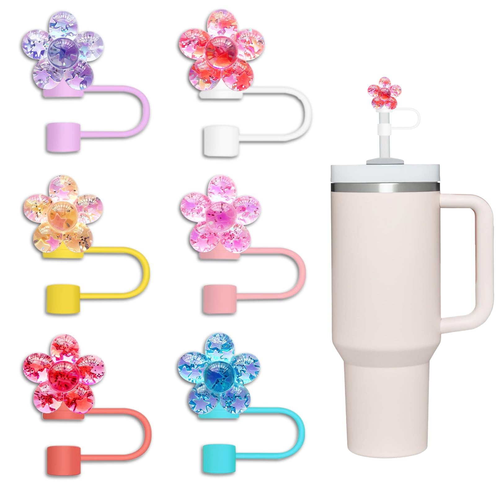 Wholesale 6pcs/pack Resin glitter heart silicone straw cap cup accessories